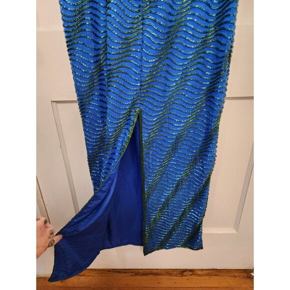 Size PM Vintage Scala 100% Silk Fully Beaded Green Blue Low Back Dress Stunning - Picture 7 of 7